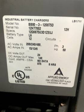 Bb80-3-120875d Applied Energy Bbi 24vdc 12 Cell Reach Truck Battery Charger