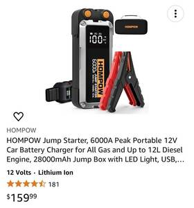 6000a Hompow 751501743315 Jump Starter 28000mah Peak For All Gas And Up To 12l Diesel Engine